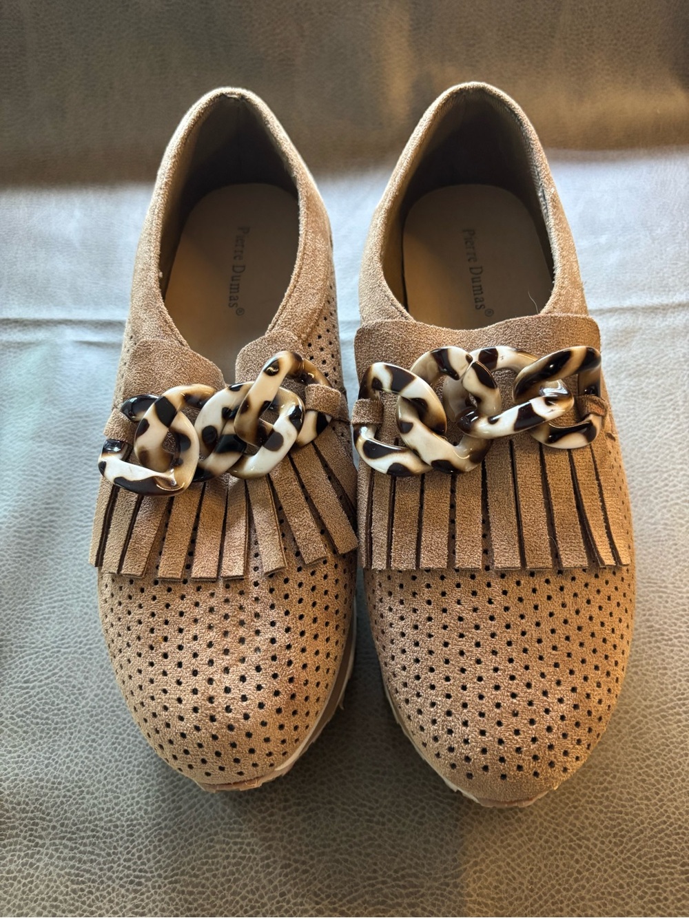 Pierre Dumas Beige Suede Fringe Platform Loafers with Tortoiseshell Chain